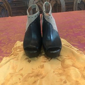 Lucky Brand Black Open Toed Zippered Wedges.  Size 8.  Like New